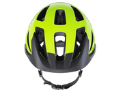 Front view close-up of the Trek Solstice Bike Helmet in Radioactive Yellow Gloss, highlighting the large front vents, interior foam liner, and matte black visor.