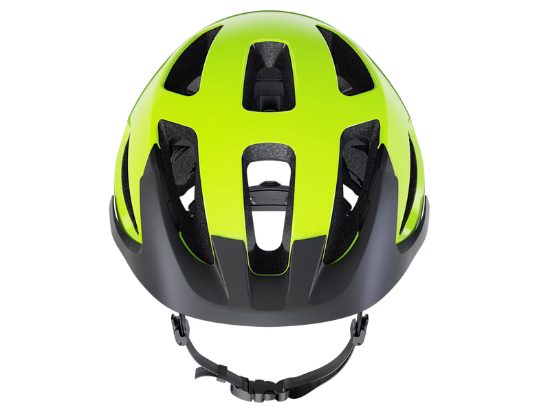 Front view close-up of the Trek Solstice Bike Helmet in Radioactive Yellow Gloss, highlighting the large front vents, interior foam liner, and matte black visor.