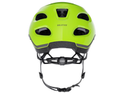 Rear view of the Trek Solstice Bike Helmet in Radioactive Yellow Gloss, showing the Solstice branding, rear ventilation openings, and retention fit system.