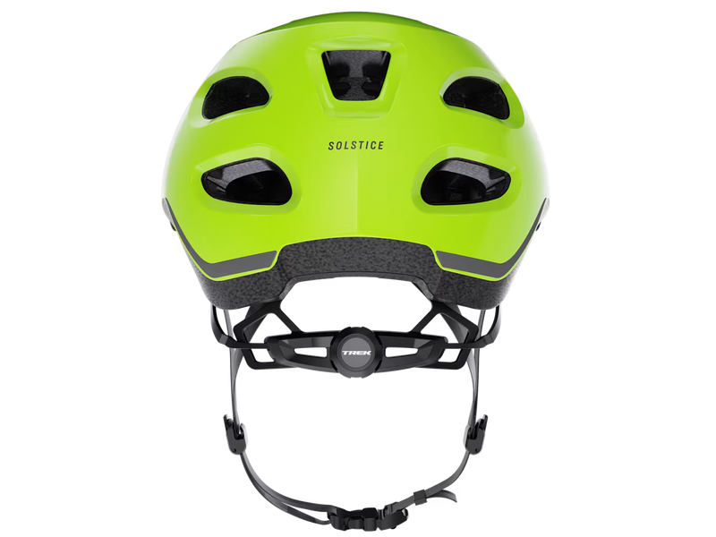 Rear view of the Trek Solstice Bike Helmet in Radioactive Yellow Gloss, showing the Solstice branding, rear ventilation openings, and retention fit system.