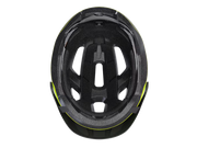 Interior view of the Trek Solstice Bike Helmet in Radioactive Yellow Gloss, displaying the foam liner, comfort padding, adjustment straps, and retention system.