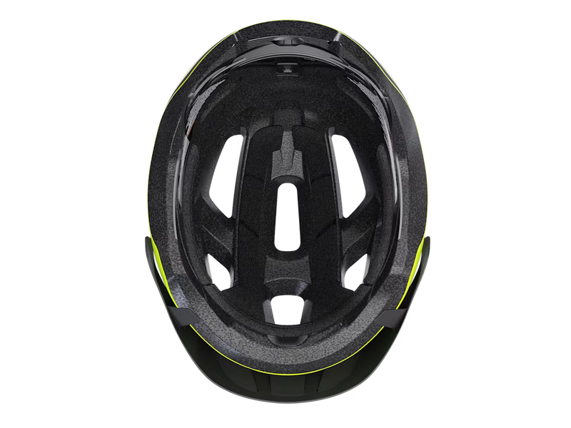 Interior view of the Trek Solstice Bike Helmet in Radioactive Yellow Gloss, displaying the foam liner, comfort padding, adjustment straps, and retention system.