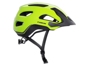 Right-side profile of the Trek Solstice Bike Helmet in Radioactive Yellow Gloss, featuring the Trek logo, matte black visor, and ventilated shell design.
