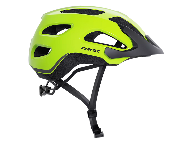 Right-side profile of the Trek Solstice Bike Helmet in Radioactive Yellow Gloss, featuring the Trek logo, matte black visor, and ventilated shell design.