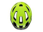 Top view of the Trek Solstice Bike Helmet in Radioactive Yellow Gloss, highlighting the glossy finish, ventilation channels, and Solstice branding.