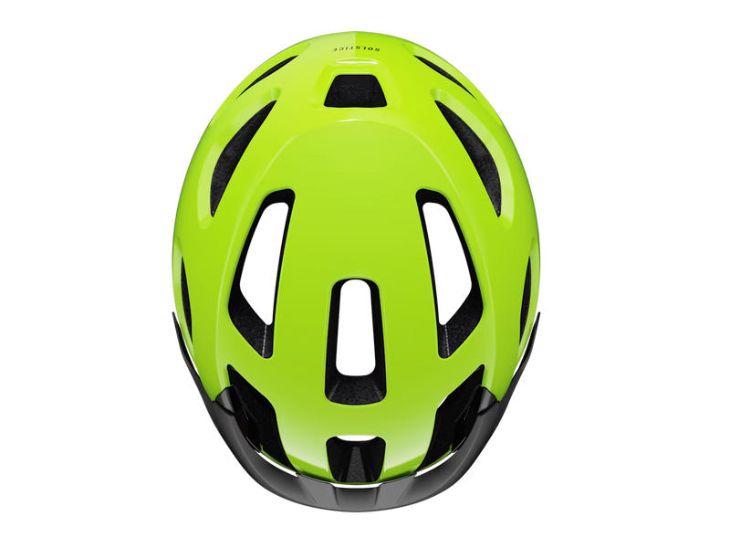 Top view of the Trek Solstice Bike Helmet in Radioactive Yellow Gloss, highlighting the glossy finish, ventilation channels, and Solstice branding.