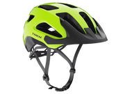 Trek Solstice Bike Helmet in Radioactive Yellow Gloss shown from a three-quarter right-side angle, featuring a glossy yellow shell, matte black visor, large ventilation openings, and visible interior foam liner.