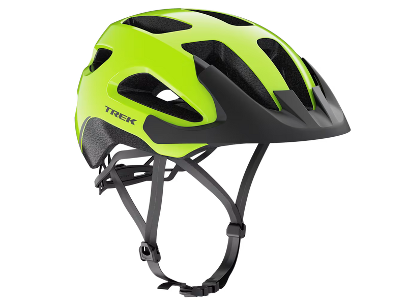 Trek Solstice Bike Helmet in Radioactive Yellow Gloss shown from a three-quarter right-side angle, featuring a glossy yellow shell, matte black visor, large ventilation openings, and visible interior foam liner.