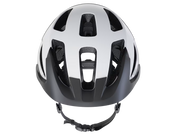 Front view close-up of the Trek Solstice Bike Helmet in Crystal White Gloss, highlighting the large front vents, interior foam liner, and matte black visor.