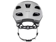 Rear view of the Trek Solstice Bike Helmet in Crystal White Gloss, showing the Solstice branding, rear ventilation openings, and retention fit system.