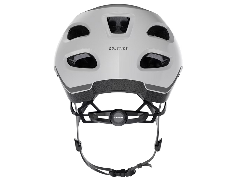 Rear view of the Trek Solstice Bike Helmet in Crystal White Gloss, showing the Solstice branding, rear ventilation openings, and retention fit system.