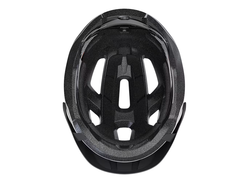 Interior view of the Trek Solstice Bike Helmet in Crystal White Gloss, displaying the foam liner, comfort padding, adjustment straps, and retention system.