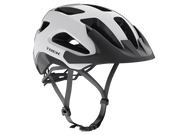 Trek Solstice Bike Helmet in Crystal White Gloss shown from a three-quarter right-side angle, featuring a glossy white shell, matte black visor, large ventilation openings, and visible interior foam liner.