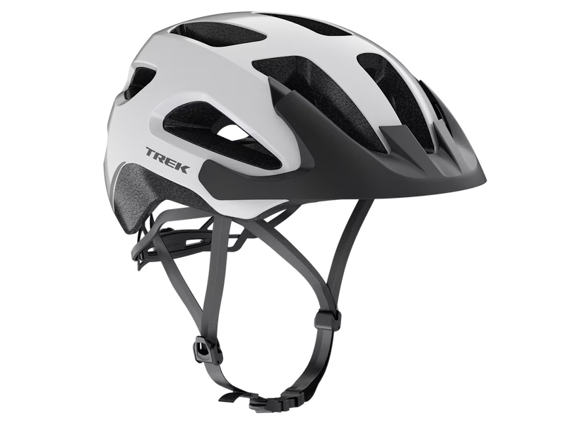 Trek Solstice Bike Helmet in Crystal White Gloss shown from a three-quarter right-side angle, featuring a glossy white shell, matte black visor, large ventilation openings, and visible interior foam liner.