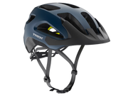 Black bicycle helmet with 'Trek' branding on a white background