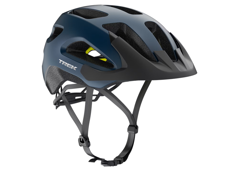 Black bicycle helmet with 'Trek' branding on a white background