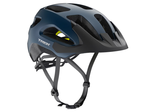 Black bicycle helmet with 'Trek' branding on a white background