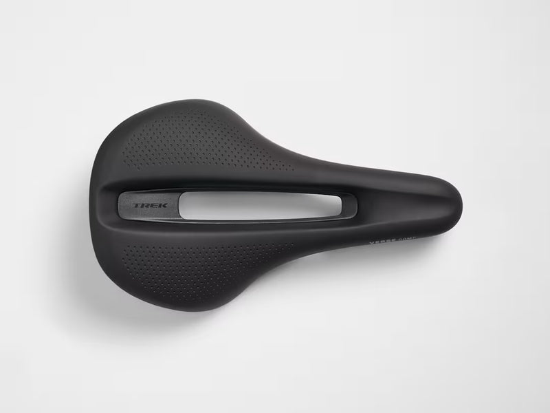 Black bicycle saddle with 'Trek' branding on a white background