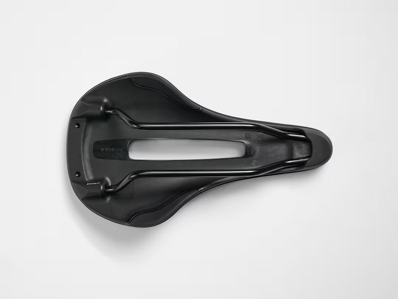 A black bicycle saddle shown from a top-down view from underneath on a clean white background.