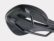 Close-up of a black bicycle saddle on a light gray background