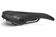 Selle SMP VT30C Saddle side view in black with white stitched SMP logo on the rear and white VT30C logo with red C near the tip, shown with curved ergonomic cutout.