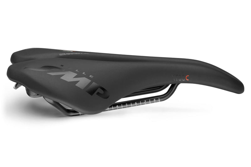 Selle SMP VT30C Saddle side view in black with white stitched SMP logo on the rear and white VT30C logo with red C near the tip, shown with curved ergonomic cutout.