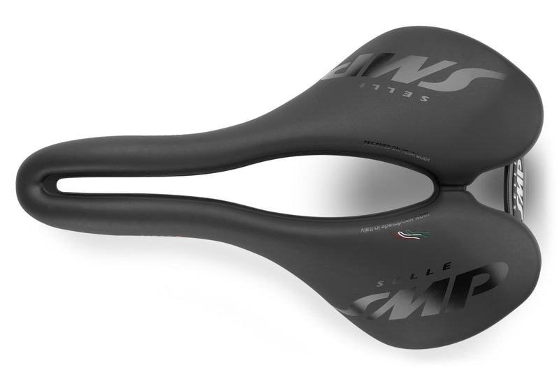 Selle SMP VT30C Saddle top view in black with full ergonomic cutout and white VT30C logo with red C near the tip, shown facing left.