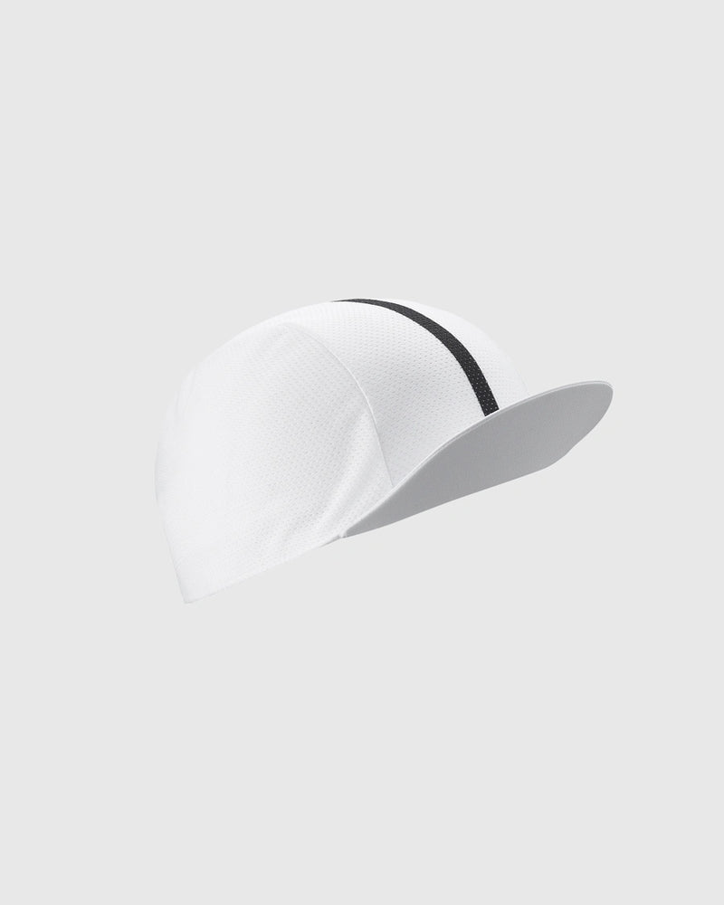 White baseball cap with a black band on a light gray background