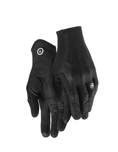 Assos XC FF gloves in black, pair showing palm and back of hand with perforated mesh and Assos logos