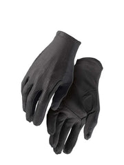Assos XC FF gloves in black, pair showing grip detail on index and middle fingertips and perforated mesh back