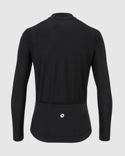 Black long-sleeve athletic jacket on a light gray background, with visible pocket panel, back view