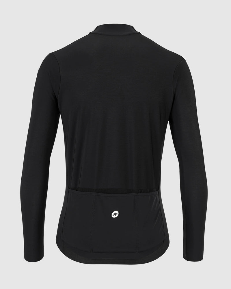 Black long-sleeve athletic jacket on a light gray background, with visible pocket panel, back view
