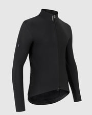 Black long-sleeved cycling jacket on a light gray background, side view