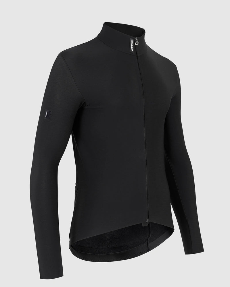 Black long-sleeved cycling jacket on a light gray background, side view