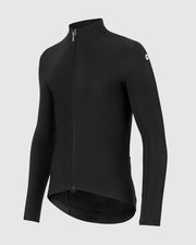 Black long-sleeved cycling jacket on a light gray background, side view
