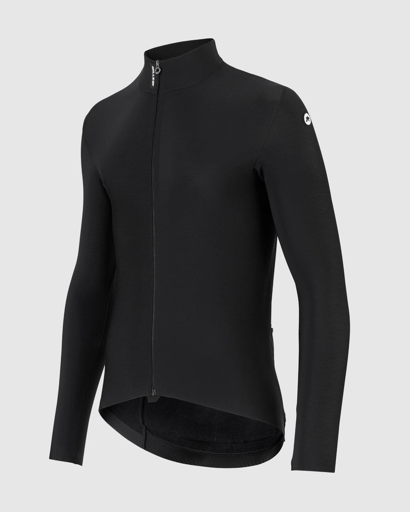 Black long-sleeved cycling jacket on a light gray background, side view