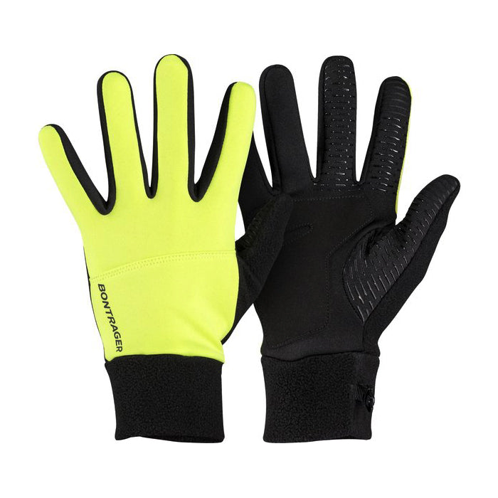 Bontrager Circuit Thermal Cycling Gloves, black glove with high-visibility yellow backhand and black palm visible, vertically positioned on a white background