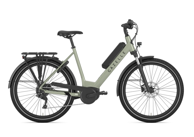 Gazelle Medeo T9 City electric bike in Caramel Khaki Gloss, side view with handlebar facing right