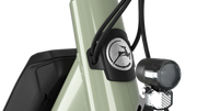 Gazelle Medeo T9 City in Caramel Khaki Gloss, close-up of head tube with Gazelle head badge