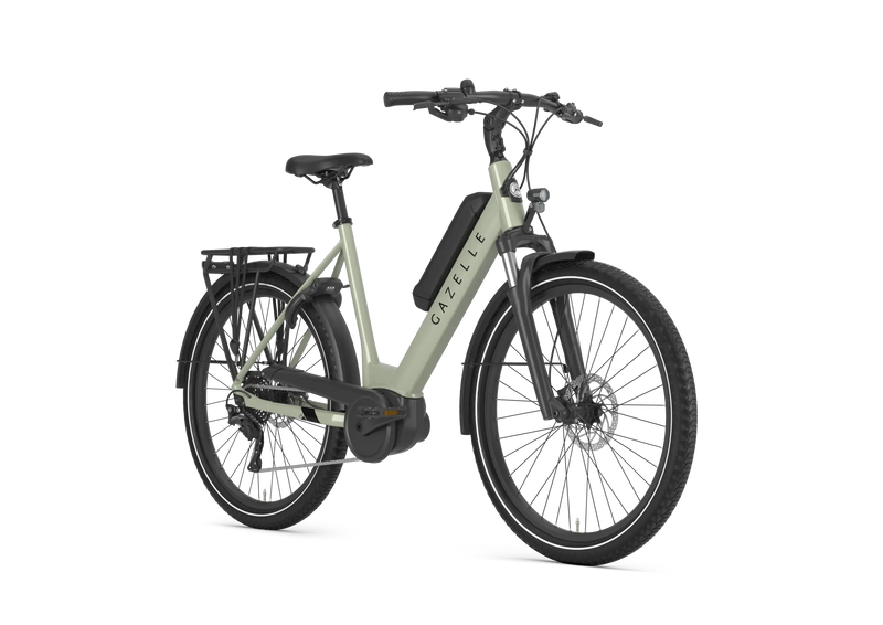 Gazelle Medeo T9 City electric bike in Caramel Khaki Gloss, three-quarter view with handlebar facing right