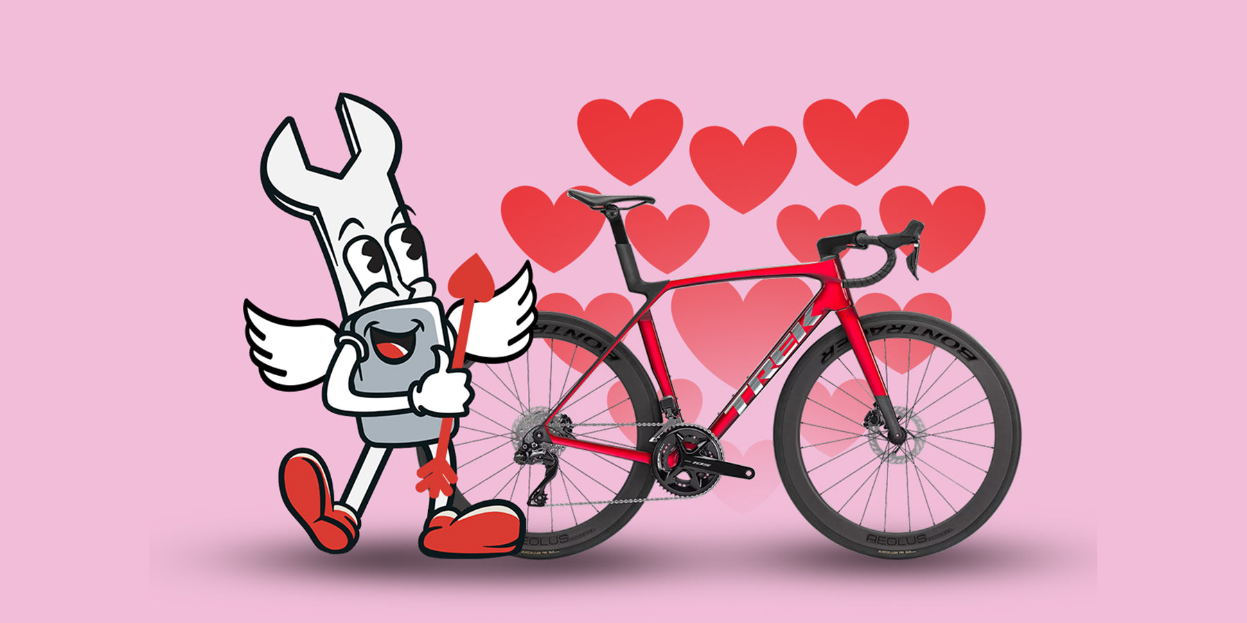 Cartoon character with a wrench next to a red bicycle on a pink background with heart shapes