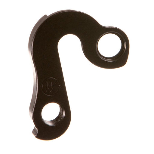 Black bicycle derailleur hanger on a white background (front side view)
