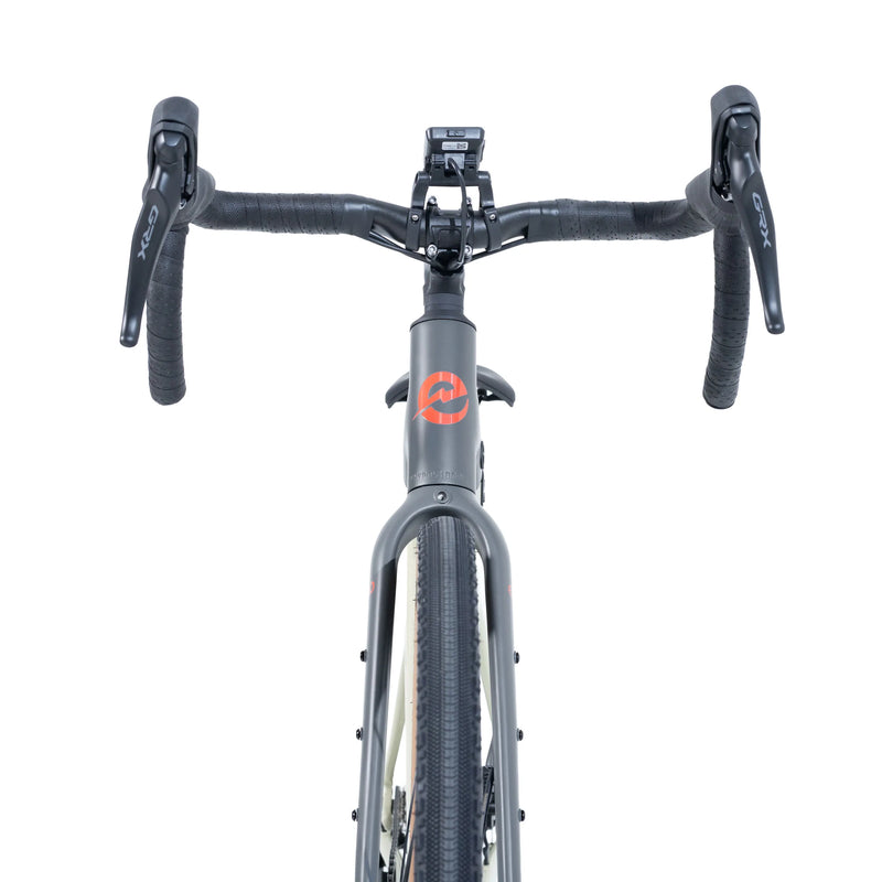 Close of Ebgo Duster handle bar and head tube with the e logo