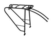 A black metal bicycle rear rack frame with a luggage bar and mounting points, shown on a plain white background.