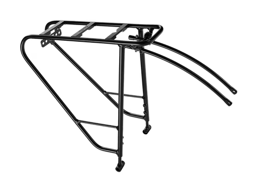 A black metal bicycle rear rack frame with a luggage bar and mounting points, shown on a plain white background.