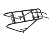 A black metal bicycle rear rack frame with mounting hardware, shown on a plain white background.