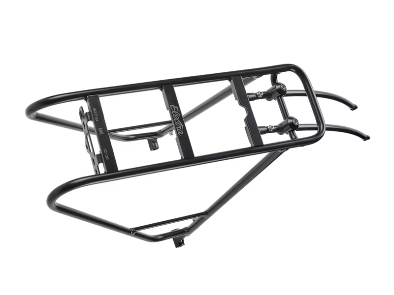 A black metal bicycle rear rack frame with mounting hardware, shown on a plain white background.