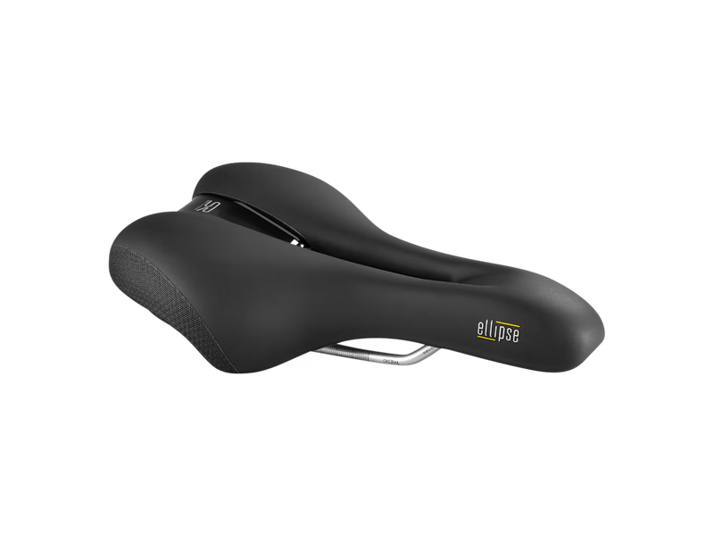 Product image of black saddle side vie with product name 'Ellipse' labeled on the front end.