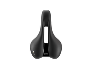 Black bicycle saddle with 'SR' branding on a white background