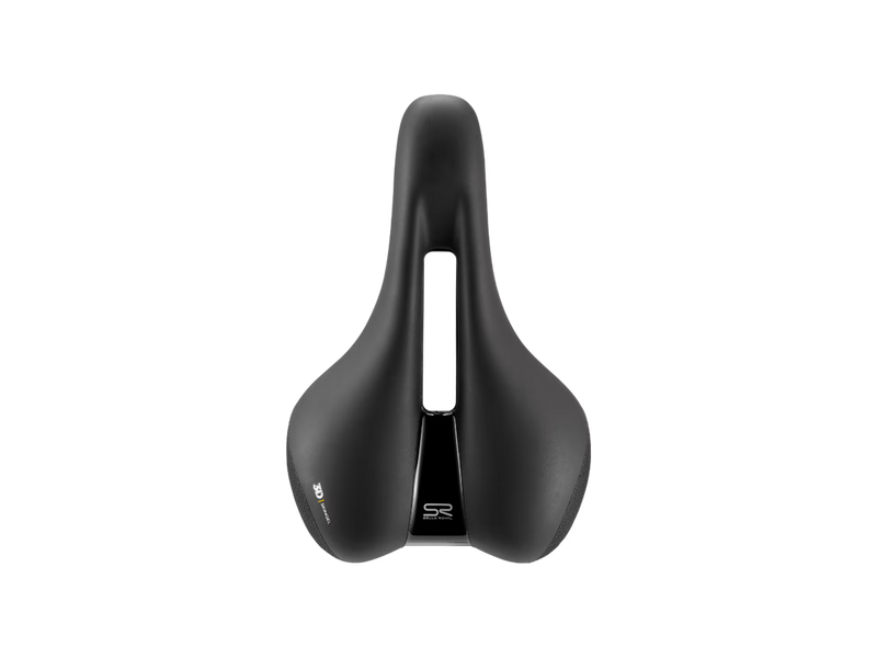 Black bicycle saddle with 'SR' branding on a white background